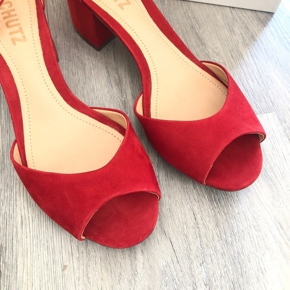 Schutz Roama Red Suede Block Heel Sandals - Picture 4 of 15
